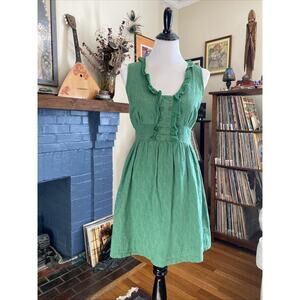 Vintage BeBop 90s Y2K Midi Babydoll Dress Large Tie Green Buttons Ruffle Cotton